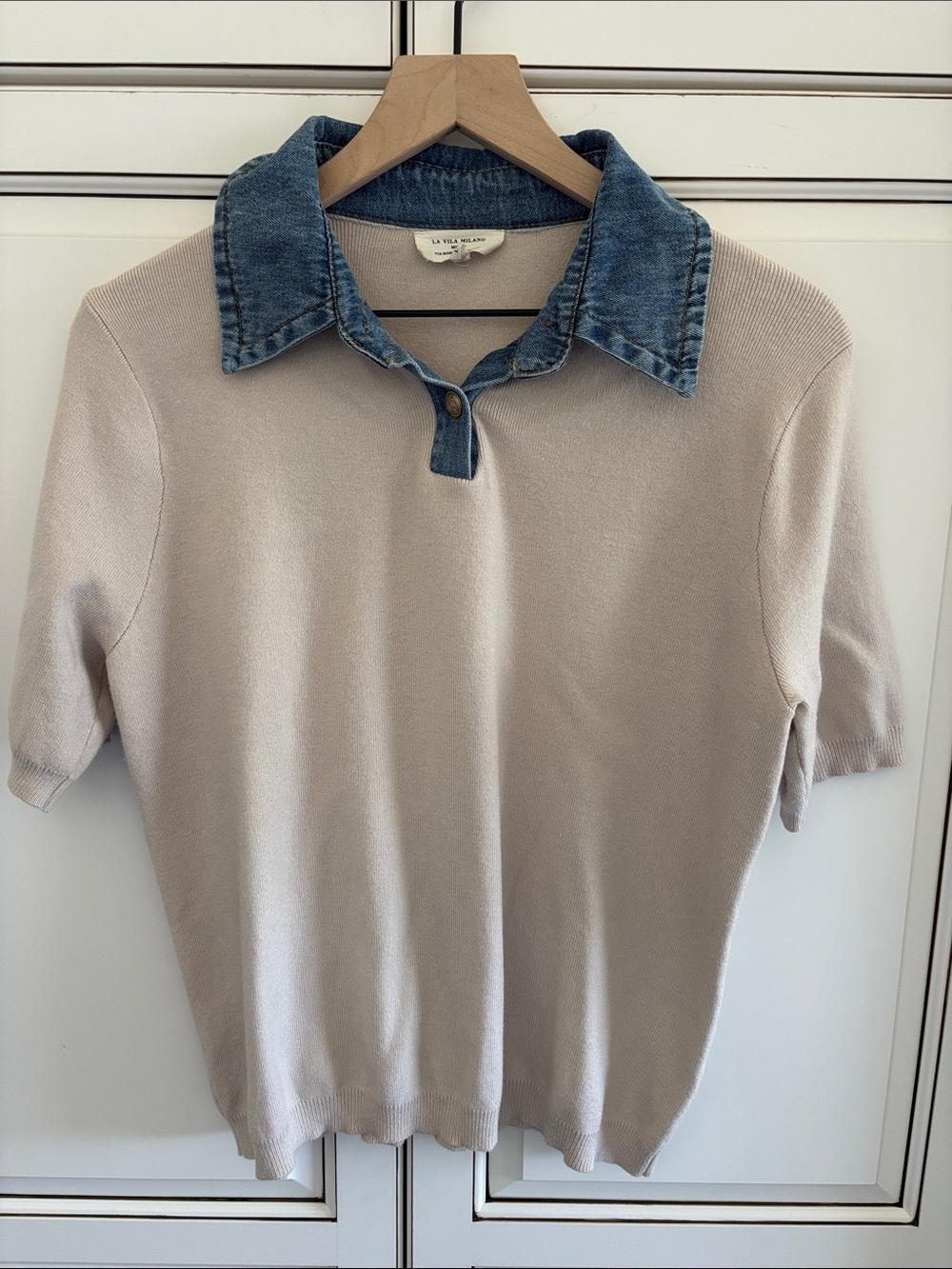 La Vila Milano Knit Stretch Tan Blue Denim Collar Short Sleeve Top Preppy Large